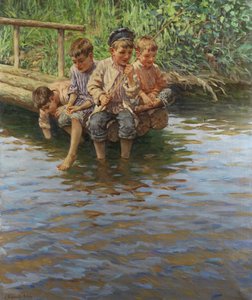 Four boys on the bank jetty while fishing av Nikolay Bogdanov-Belsky